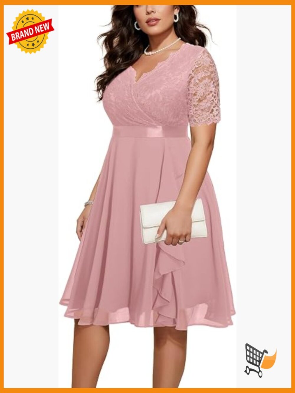 Plus Size Tea Length Midi Dress - Fit & Flare V-Neck Lace Chiffon